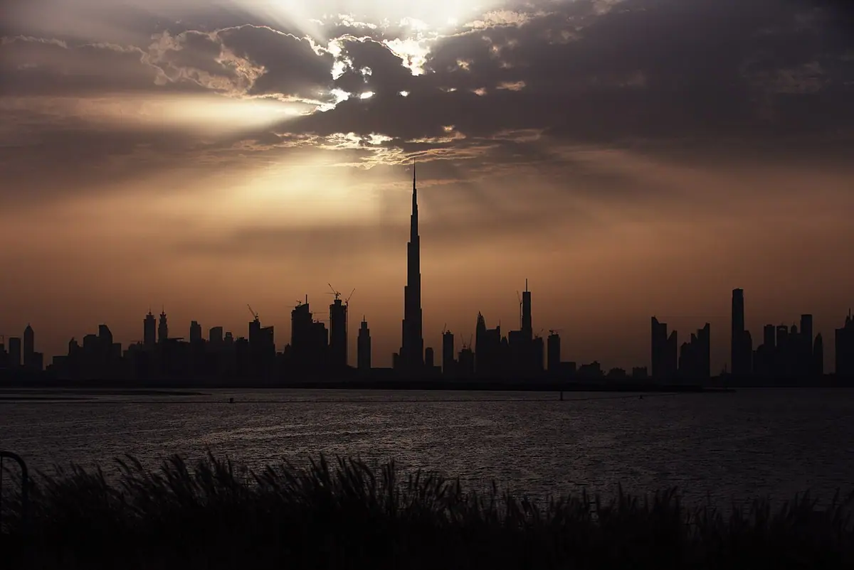Burj Khalifa and the Dubai skyline at sunset